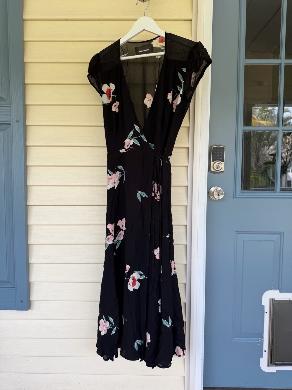 Reformation Black Maxi Wrap Dress with Pink Floral Print